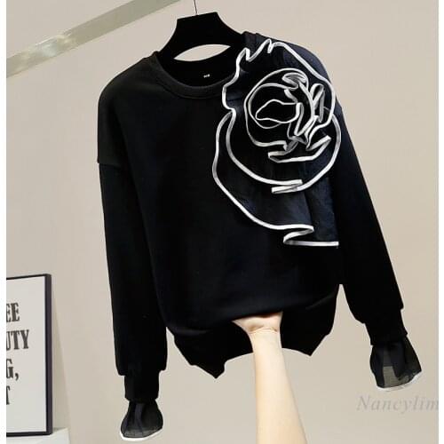 Three-Dimensional Large Flower Hoodie Women Round Neck Pullover Patchwork Bell Sleeve Sweatshirt Lady Trendy White Black