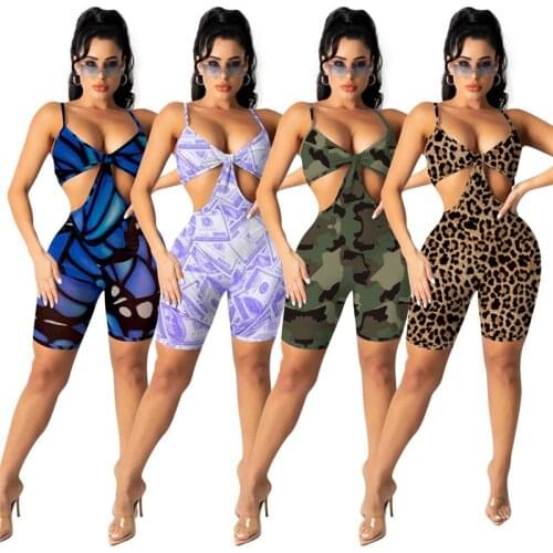 Fitness Women Jumpsuits Rompers Sleeveless Hollow Out Backless V-Neck Print Playsuits Short Pants Sexy Night Club Party Outfits