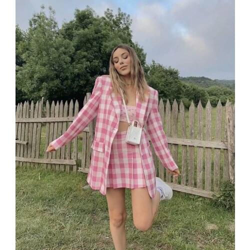 Fashion Za Pink Plaid Cotton loose womens suit leisure summer mini skirt pants daily office womens high waist womens suit
