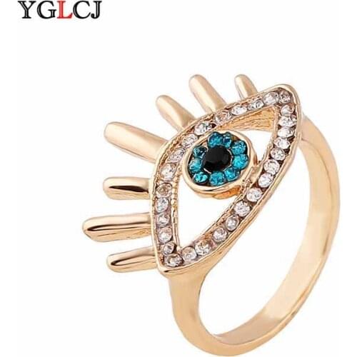 Elegant Blue Devils Eye Lady Ring Female Girl Jewelry Yellow Zircon Ring Bague Jewelry Crystal Ring Jewelry