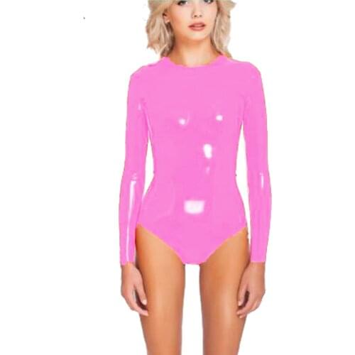 Women Long Sleeve O-neck Bodycon Bodysuit Sexy Shiny PVC Leather Bodysuits Party Pole Dance Clubwear