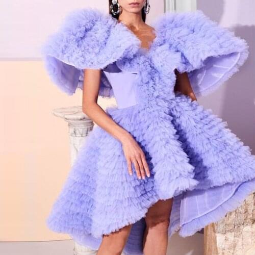 2020 New Robe de soiree Chic Short Prom Gown Formal Dresses Lavender Tiered Tulle Hi Low Cocktail Party Dresses Short Sleeves
