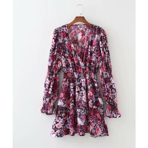 New Women Vintage Floral Printed Dress V-Neck Long multi-layer Sleeves Elastic Waist Casual Chic Lady Midi Dresses Woman Robe