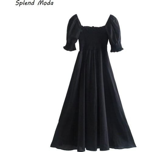 2021 Spring Summer Fashion Vintage Women Dress Square Collar Elastic Waist Ruffle Puff Sleeve Black Elegant Long Dress Vestido