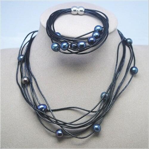Womens Chokers Necklaces Black Freshwater Pearl Genuine Black Leather cord chains with Magnetic clasps charms necklace