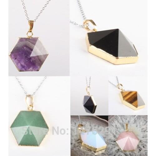 2017 Vogue Hexagon Cone Shape Onyx Tiger eye Rose Pink Quartz Purple Crystal Opal Pendant 1PCS