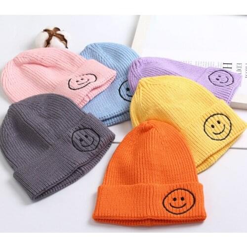 Baby Hat Autumn And Winter Womens Girl Knitted Wool Cap Baby Boy Candy Color Childrens Smiling Warm Hat