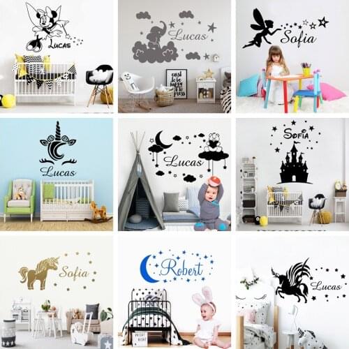 Kawaii Custom Name Wall Sticker Personalized Stickers Unicorn Decal For Kids Room Decoration Wallpaper Poster Baby Mural