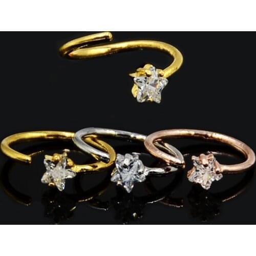 Showlove-1PC Star Zircon Gem Bended Seamless Ring Nose Ring Nose Hoop Rings Ear Tragus Cartilage Body Piercing Jewelry 16G
