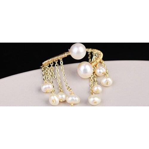 Handmade Natural Fresh Water Pearl Tassel Ring Adjustable Cuff Opening For Women Birthday Party Gift Ring Fashion Jewelry