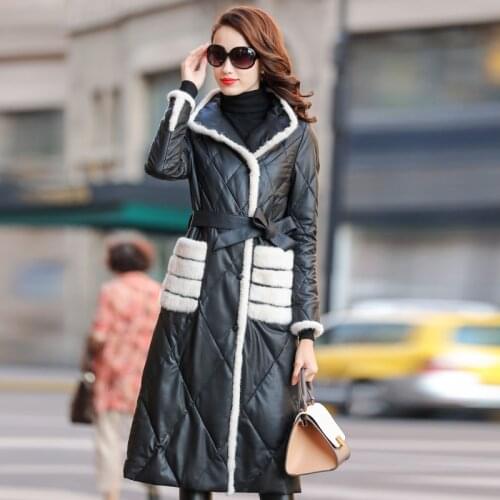 Leather Jacket Winter Coat Women Clothes 2020 Mink Fur Collar Warm Long Down Jacket Women Genuine Sheepskin Coat MY4447