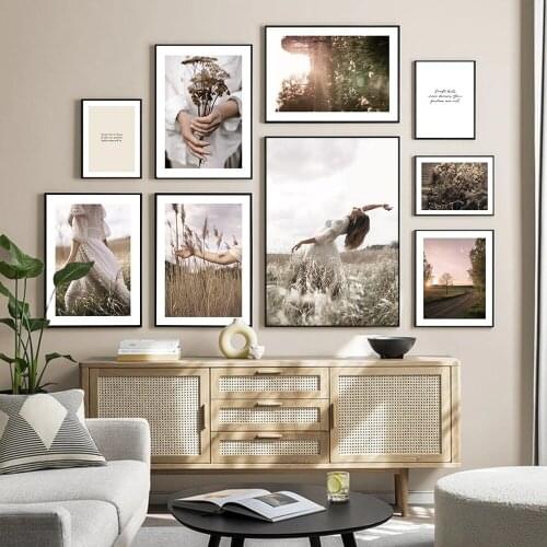 Beautiful Scenery Flowers Posters And Prints Girl in White Dress Canvas Painting Sunset Wall Art Pictures For Living Room Decor