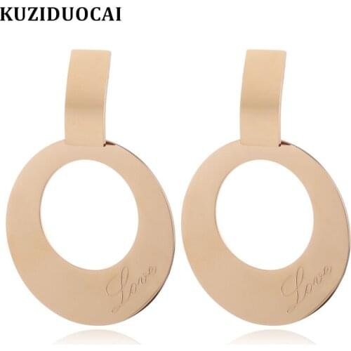 Kuziduocai New Fashion Jewelry Rectangle Love Dangle Big Round Circle Titanium Stainless Steel Statement Drop Earrings For Women
