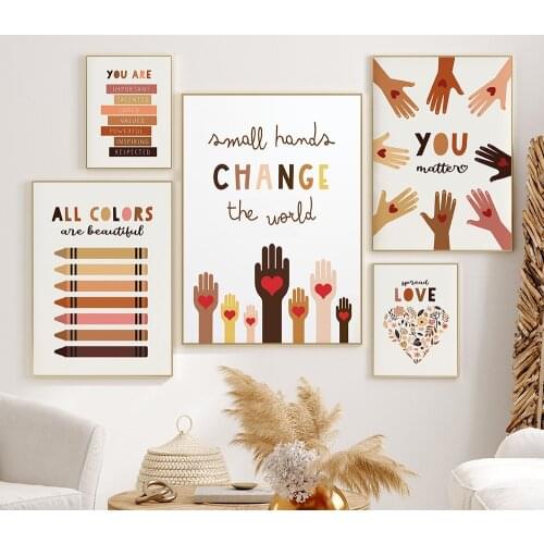 Powerful Love Hands Prints Poster Human Equality Kids Wall Art Diversity Friendship Canvas Painting Brush Classroom Nordic Decor