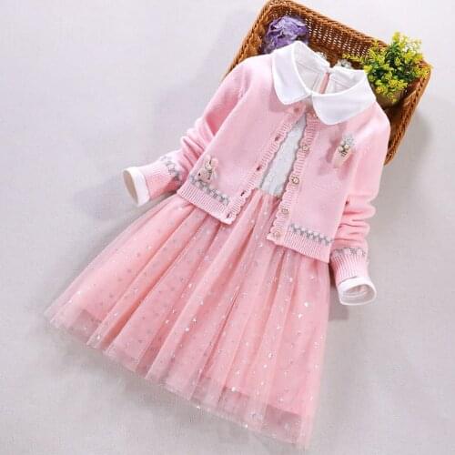 New Arrivals Kids Girl Clothes 2 Piece Set Pink Cardigan Sweater Coat Long Sleeve Cotton Lace Mesh Dress Princess Girls Clothing