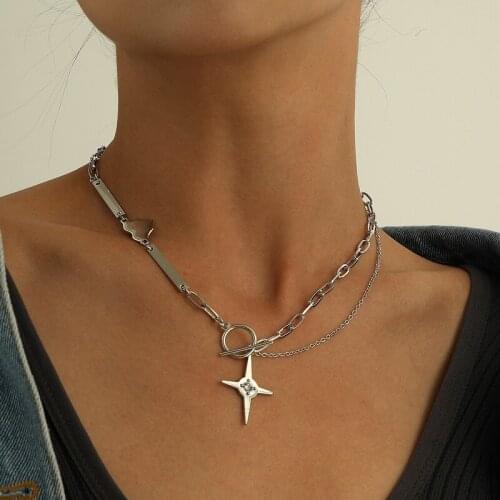 Punk Alloy Rhinestone Cross Star Heart Pendant Necklace Women Geometric Thick Chain Clavicle Necklace Collar Jewelry Gift