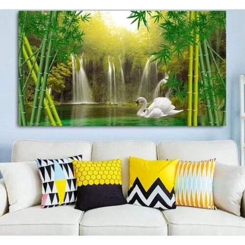 Full Diy 5D Diamond Painting Waterfall Lake Swan Bamboo Cross Stitch Diamond Embroidery Rhinestones Mosaic Decor PictureZP-3193
