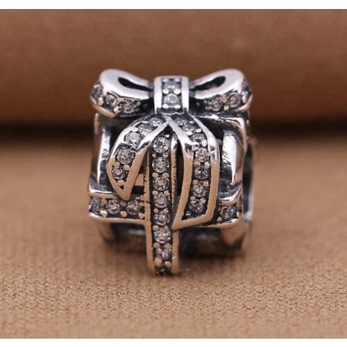 Authentic S925 Bead DIY Jewelry Openwork Gift Box Wrap Up Bow Charm fit Lady Bracelet Bangle Pave Crystals