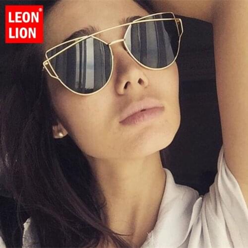 LeonLion 2021 Mirror Cat eye Sunglasses Women Vintage Metal Reflective Glasses For Women Brand Designer Gafas De Sol Mujer