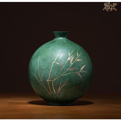 6.7 inches Japan Takaoka Art Deco Pure Brass Chisel engraving bamboo Vase Bottle Bronze Pot Home Furnishings gift Handicraft