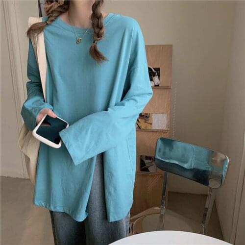 Herstory Autumn Korean casual Simple Basic T-shirts Women Harajuku Solid Side-slit Chic Female O-neck Tops College Streetwear