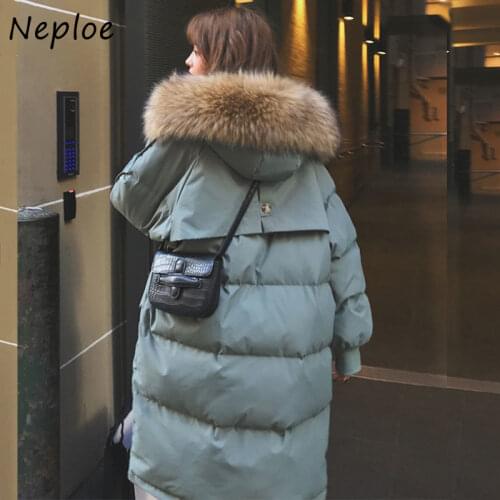Neploe Winter Hooded Fur Collar Double Pocket Parkas Hong Kong Style Femme Cotton Coat Casual Loose Warm Fashion Woman Jacket