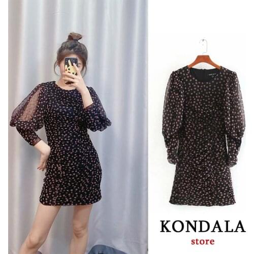 Za 2020 New Women floral embroidery flocking pleated slim mini Dress Female three quarter sleeve mesh Vestidos Chic Dresses