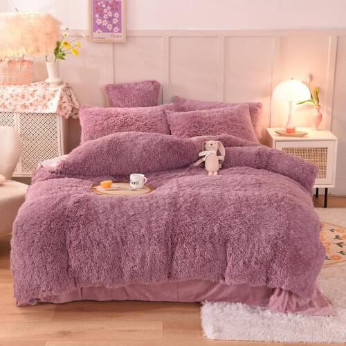 Winter Super Warm Long Plush Bedding Set Fluffy Faux Fur Shaggy Duvet Cover Pompoms Ruffles Bedskirt Pillowcase Set