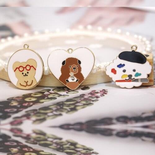 10pcs/pack Cartoon Dog Bear Round Heart Shape Enamel Charms Handmade Craft Metal Charms Earring DIY Jewelry Making