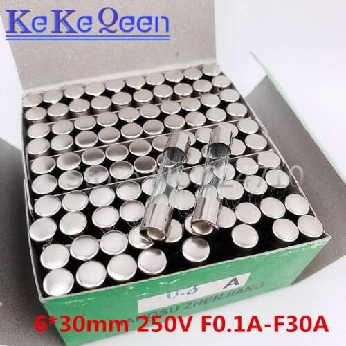 100PCS/BOX NEW 250V 6*30 0.1A 0.2A 0.3A 1.5A 2.5A 3.15A 6A 6.3A 25A 30A 6MM*30MM 6*30mm Fast Blow Glass Fuses Insurance Tube