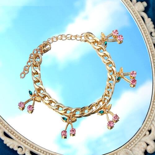 2020 Fashion Sweet Cherry Crystal Pendant Bracelet for Women Gold Silver Color Metal Cuban Bracelet New Design Jewelry Gift