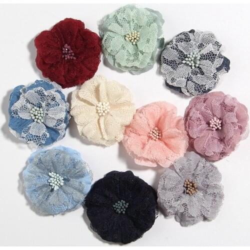 60PCS 5.5CM 2.1" Fashion Lace Hard Fabric Flowers For Headband Hair Accessories Sunflower Handmade Flower For Wedding Bouquet