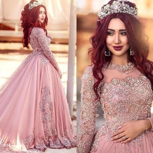2020 Ball Gown Long Sleeves Prom Dresses Princess Muslim Sequins Beaded Court Train Prom Red Carpet Runway Gowns Custom Made