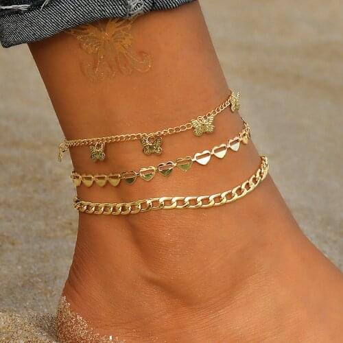 Bohemian Butterfly Love Pendant Gold Chain Anklets Set For Women Girls Fashion Anklet Foot Ankle Multi-layer Beach Jewelry
