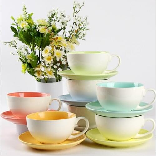 Fashion Glaze ceramic coffee cup saucer flowers 310ml large capacity latte cup sets with spoon couple Gite Free Shipping