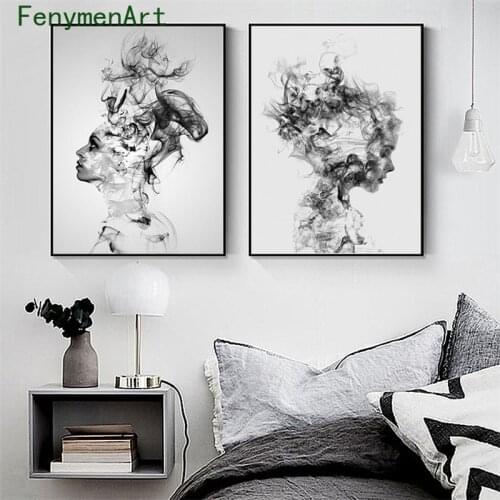 Black White Minimalist Boy Girl Poster Print Abstract Smoke Portrait Canvas Painting Nordic Wall Art Picture Room Home Deor