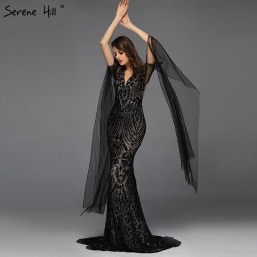 Black V-Neck Sequined Sexy Prom Dressese Mermaid Sleeveless Sparkle Prom Gowns Design 2020 Serene Hill BLA70117