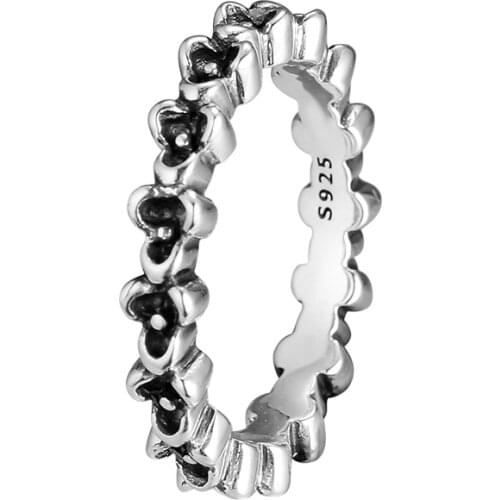 Flower Rings with Black Enamel Authentic 925 Sterling Silver Jewelry Free Shipping