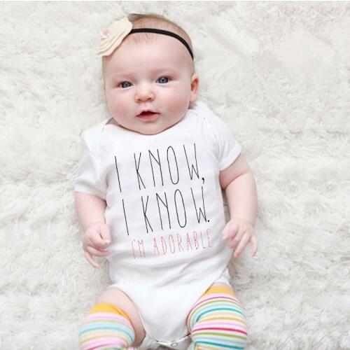 Baby Romper Newborn Infant Baby Boys Girls Short Sleeves Jumpsuits Baby Clothing I Know I Know I Am Adorable Letters Kid Outfits
