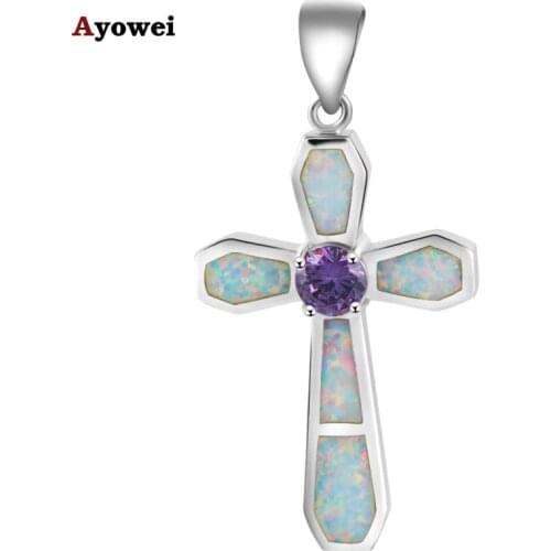 Elegant purple crystal Cross design White Fire Opal stamp silver plated Nacklace Pendants Crystal Fashion jewelry OP519A
