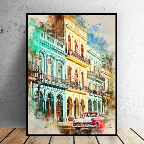 Cuba in Watercolor Art Canvas Poster Home Decor Painting No Frame