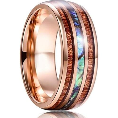 NEW Fashion 8mm Rose Gold Tungsten Carbide Rings Hawaiian Koa Wood and Abalone Shell Opal Inlay Ring Wedding Band Mens Jewelry