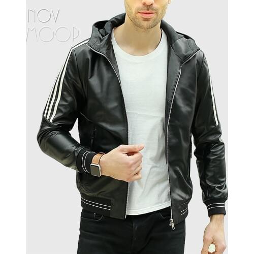 Men white striped black navy genuine leather lambskin hooded casual Moto biker jackets coats jaqueta de couro deri ceket LT2363
