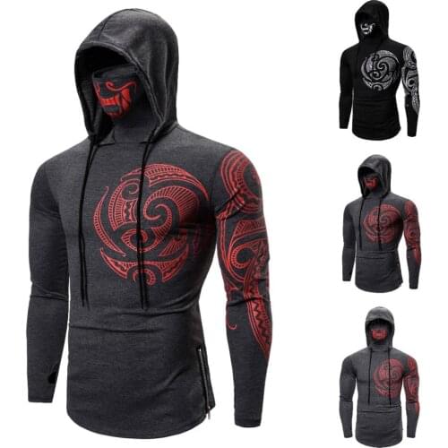 Mens Hooded Long Sleeve Tattoo Mask Long Sleeve T-Shirt Mens 2 Colors Fitness Casual Street Style Hip Hop T-Shirt Top