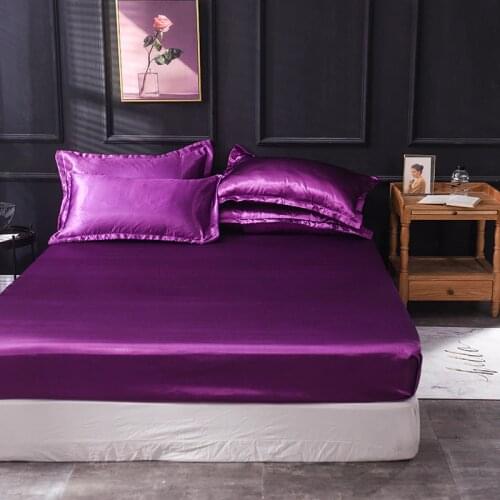3PCS Luxury 100% Satin Silk Purple Fitted Sheet Silky Mattress Cover Queen King Bed Sheets For Women Men