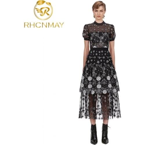 New Self Portrait Vantage Dress 2020 Summer Design Black Mesh Embroidered Flowers Midi Dress O-Neck Short Sleeve For Women