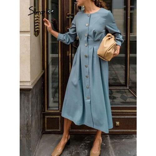Simplee Vintage A-line buttons women dress autumn Elegant o-neck blue midi dresses Office lady female long sleeves solid vestido