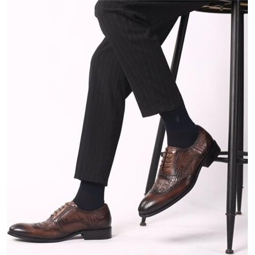 Crocodile Print Leather Brogues Men Plus Size 48 Wedding Shoes for Men Formal Brown Dress Business Shoes Men Office Black Shoe