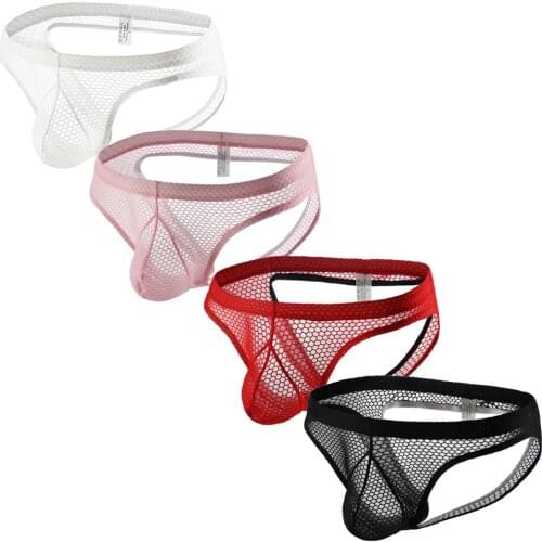 4PCS/Lot Sexy Men Thong G-string Mesh Transparent Underwear Jockstrap Sissy Slip Homme Gay Panties Erotic T-back Backless Thongs