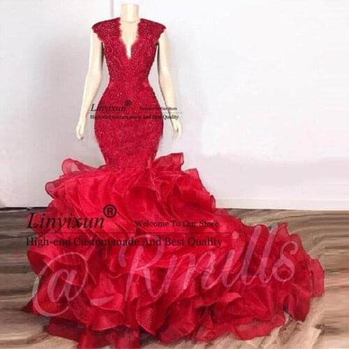 Dark Red Cascading Ruffles Prom Dresses Mermaid Lace Beaded Organza V-neck Evening Gowns Cocktail Party Dresses soirée
